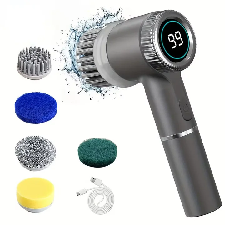 Electric Spin Scrubber With 5 Replaceable Brush Head, Three-speed Adjustable Handheld Rechargeable Shower Scrubber